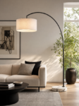 Tall Arc Floor Lamp with Marble Base and Fabric Shade