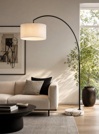 Tall Arc Floor Lamp with Marble Base and Fabric Shade
