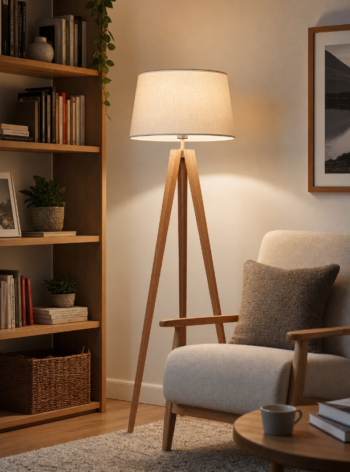 Minimalist Tripod Floor Lamp with Wooden Legs and Cotton Shade