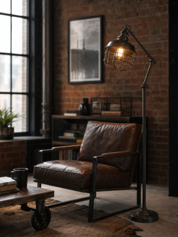 Industrial Style Floor Lamp with Cage Shade and Metal Stand