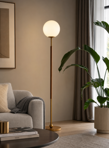 Modern Glass Globe Floor Lamp with Wood Accents